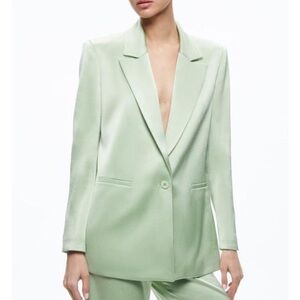 Alice and Olivia-Denny Notch Collar Seafoam Green Satin Longsleeve Blazer Jacket